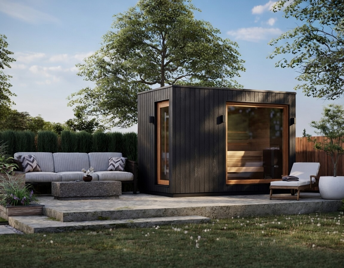 Sauna terrace with sheltered outdoor seating